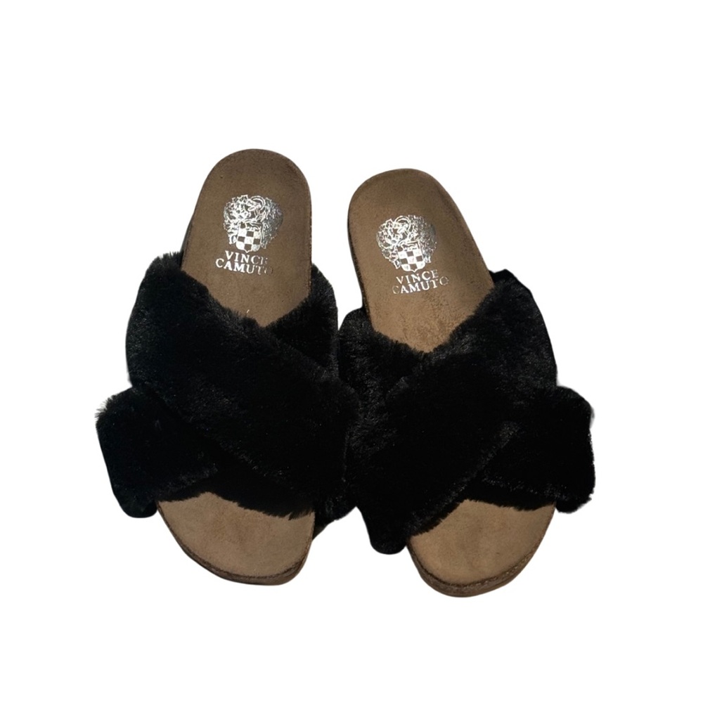Vince‎ Camuto Black Faux Fur Cork Slides Women’s 7 | Cozy Fall Sandals